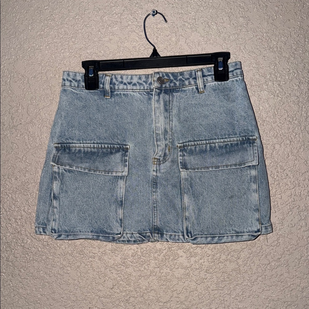 Beige botany Denim Mini Skirt with Front Patch Pockets - Light Blue